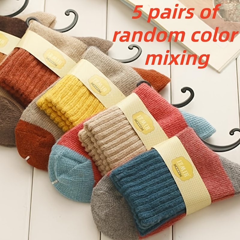 Image of 5 Pairs Of Mixed And Winter Thick Warm Women's Socks, Mid Tube Socks