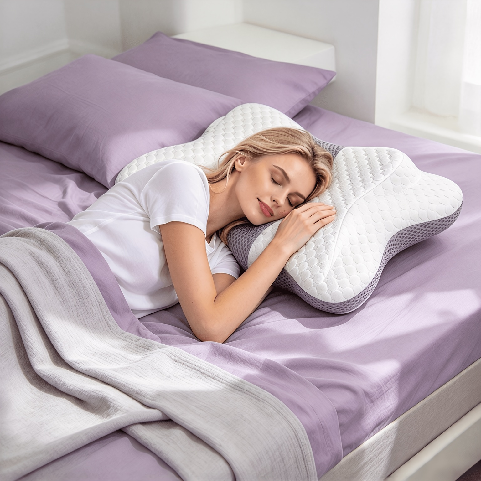 Image of Memory Neck Pillow, Ergonomic 3- Pillow For Head, Neck & Shoulders, Removable Washable Cover, Ideal For Back & Side Sleepers, Gray & White, 64×38×14cm (25.2×15×5.5in)