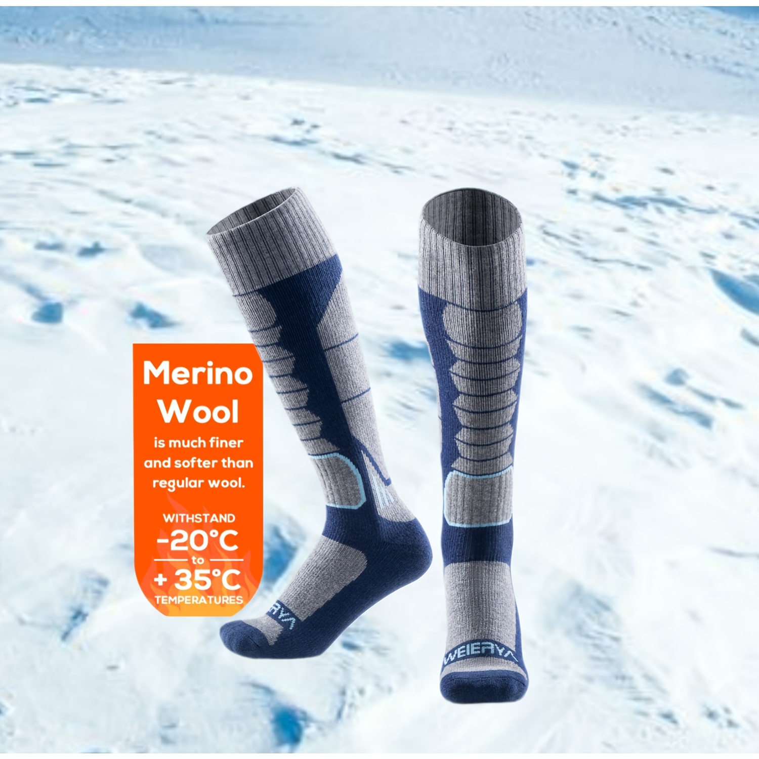 TEMU Merino Wool Socks, Professional Ski Socks, Snowboarding, Men's And Women's Outdoor Sports Performance Comfortable Warm Socks, 1 Pair Set