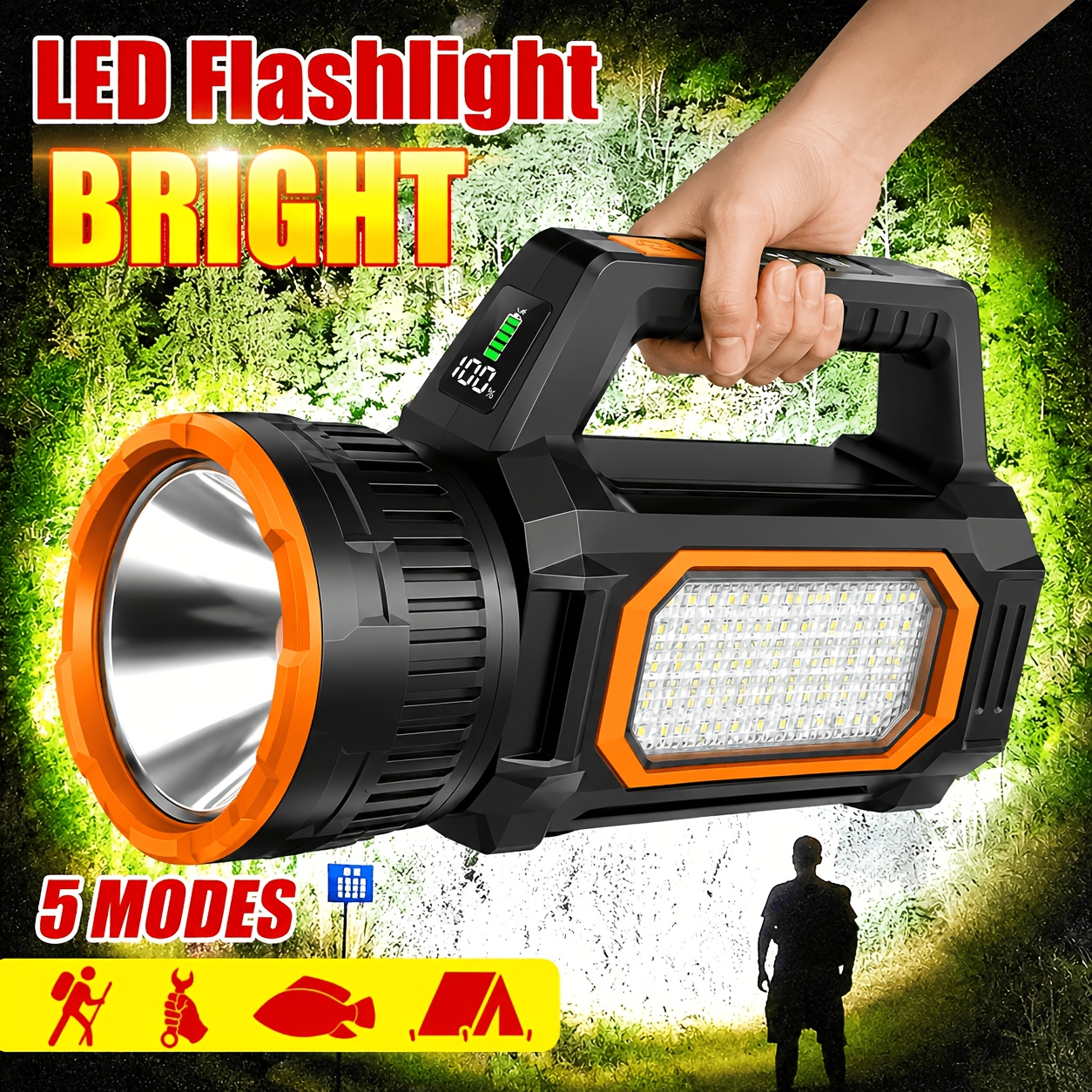 This Is A Powerful Rechargeable Flashlight With 5 Light Sources, , Zoom , Indicator And Cob Side Light. This Is A Portable Hand-held Lamp, Which Is Very Suitable For Camping, Hiking And Emergency.