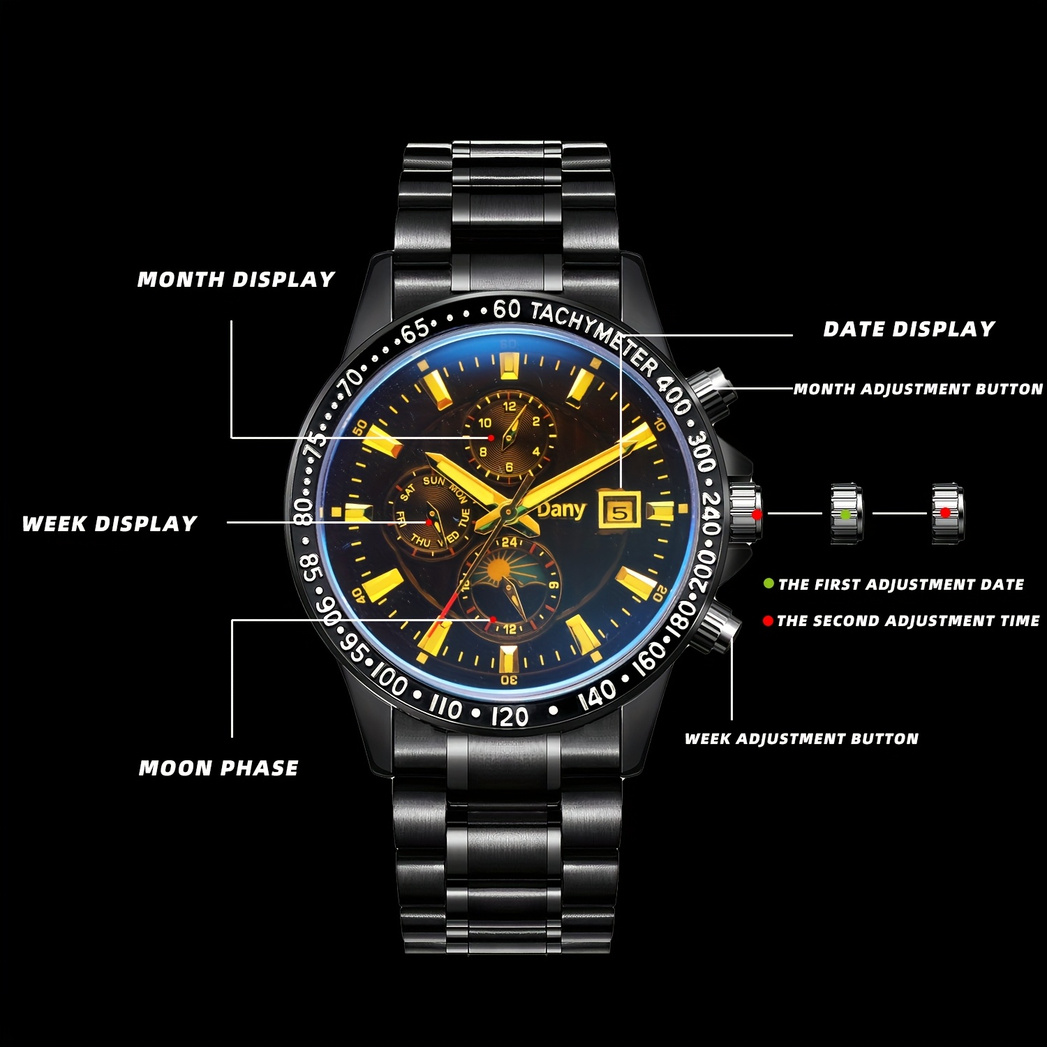 *'* Tourbillon Mechanical Watch with Luminous Hands, Date Calendar  Function, Moon Phase Display Style Fashion Accessory for Thanksgiving, 