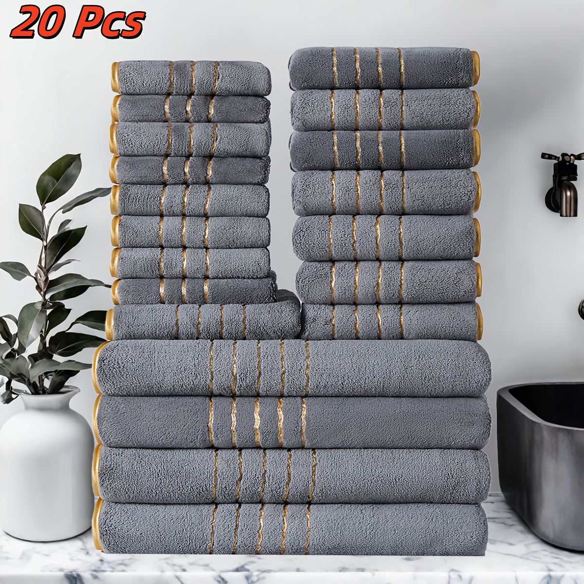 TEMU Set di 20 Asciugamani Premium a Righe con Bordo , Inclusi 4 Asciugamani da 70x140cm/27.5x55in, 8 Asciugamani da 35x75cm/13.7x29.53in e 8
