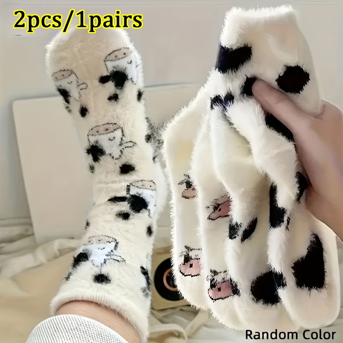 TEMU 2pcs/1pairs Of Cute Cow-patterned Mid-calf Socks, Soft And Fluffy Comfortable Winter Warm Crew Socks, Cartoon Animal Pattern Non-slip Socks,