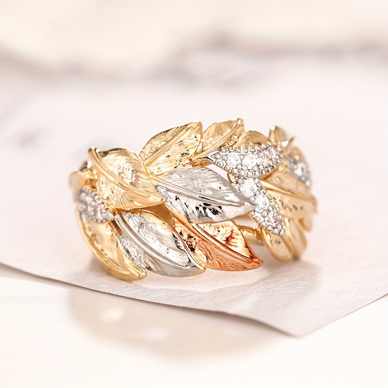 Image of Fancy Colorful Branch Leaves Rings Exquisite Zirconia Wide Rings For Women Daily Banquet Rings Jewelry