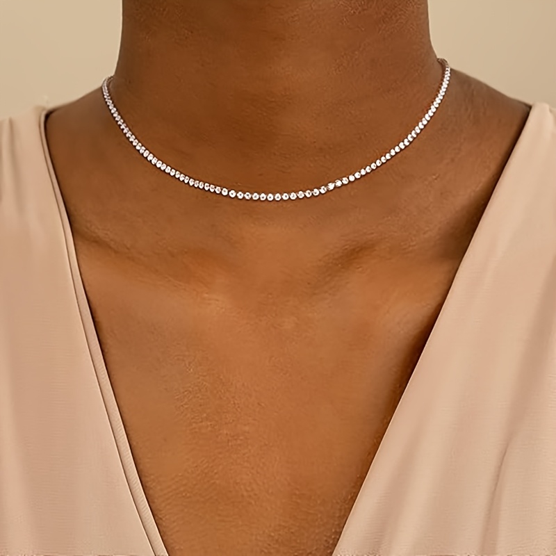 TEMU 1pc Fashionable Golden Full-set Cubic Synthetic Zirconia Tennis Necklace, Suitable For Women And Men, Classic Round Synthetic Zirconia Pendant