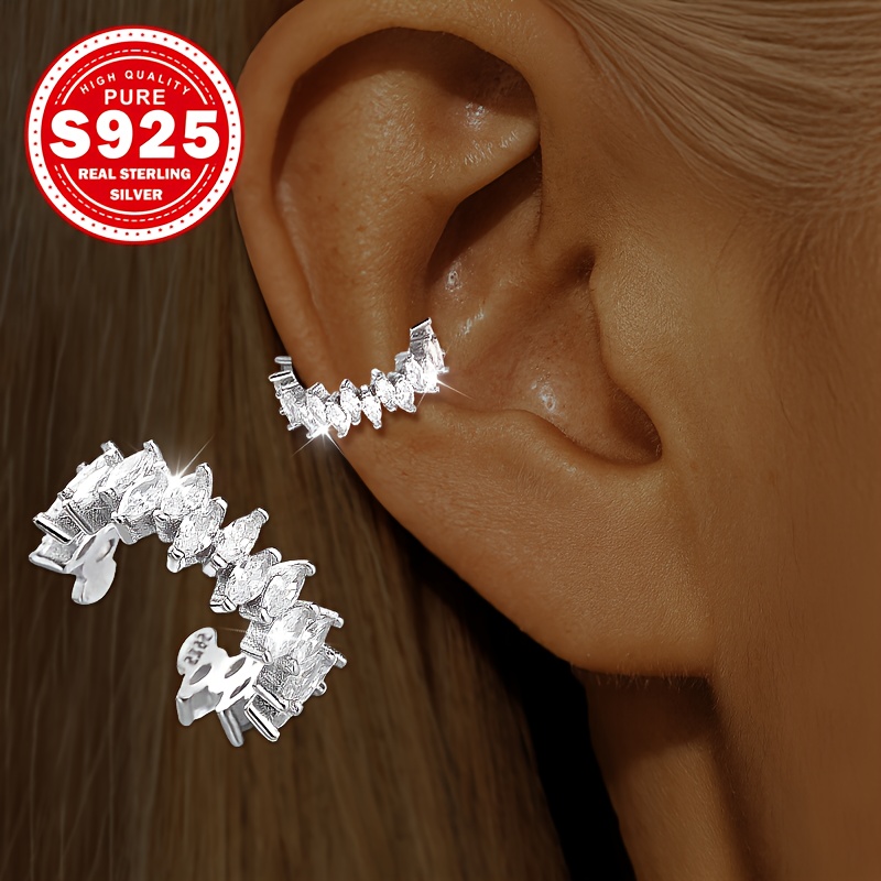 Single Piece, 1 Geometric Rhombus Ear Clip, S925 Silver and Synthetic Zirconia,   Jewelry for  , Designer Gift