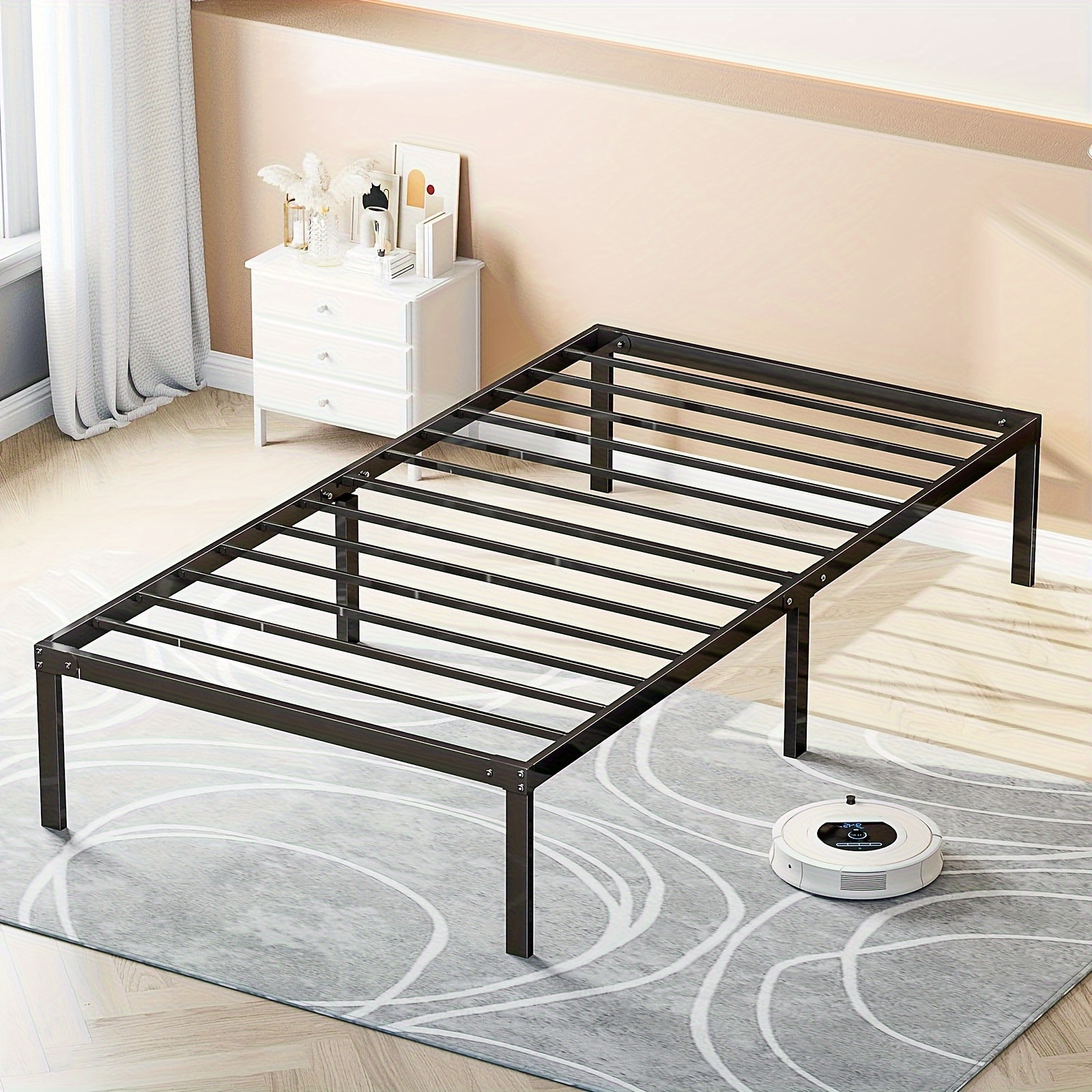 TEMU Smug Metal Twin Bed Frame - 14in High With Storage Space, Spring Needed With Sturdy Steel Slat Support, 350lbs Heavy Duty For Easy Assembly, Black For Bedroom