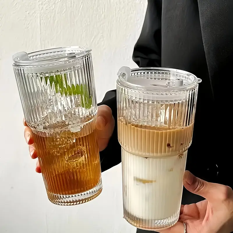 2pcs ribbed glass cups with lids straws 20oz reusable cleaning brushes for iced coffee juice smoothies non slip dishwasher safe home office parties party supplies ribbed texture cup durable glass cup Product details 1