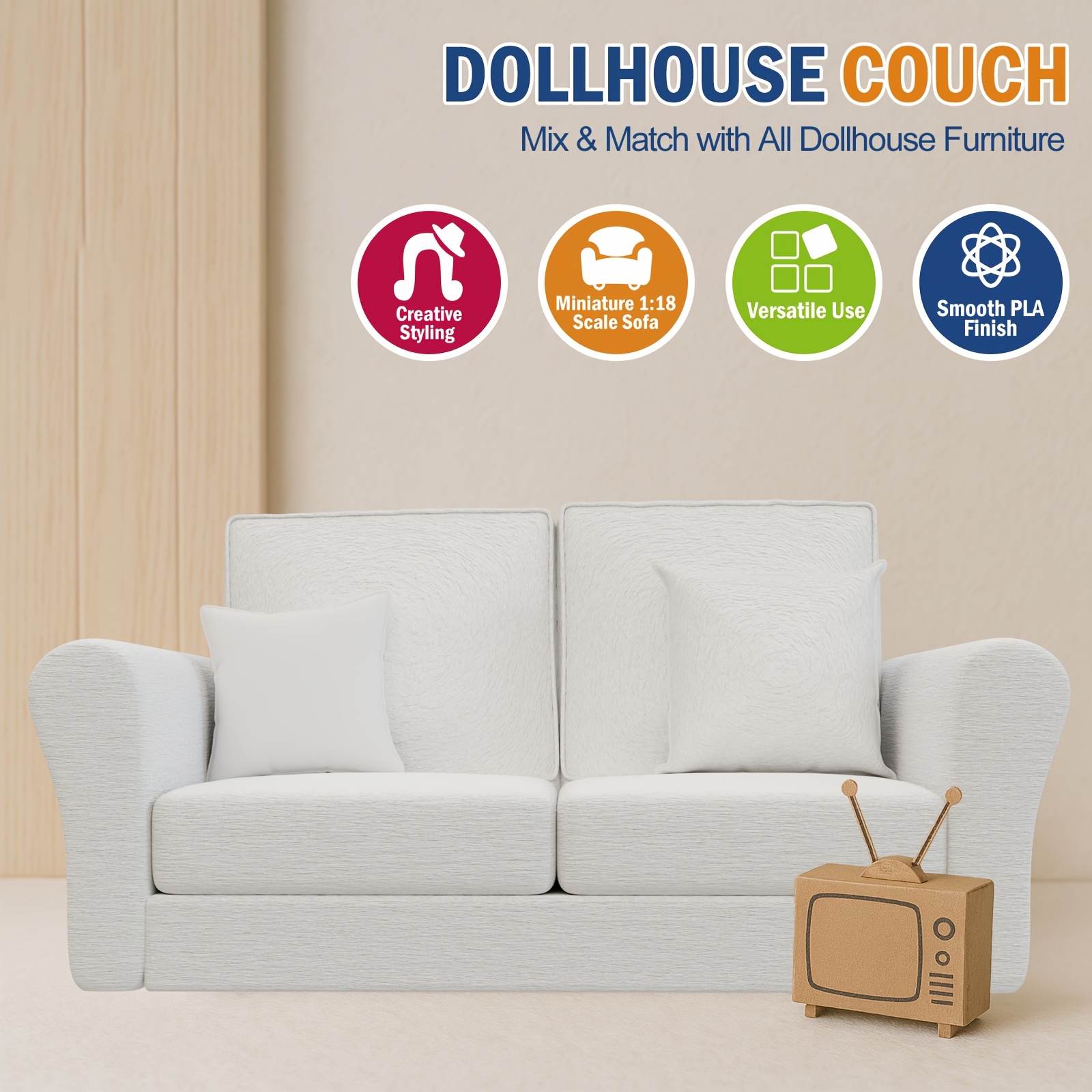 dollhouse couch 1 18 scale miniature sofa white 2 seater doll couch chair with soft cushion realistic textured fabric compact space saving design for dollhouses collectors kids miniature dollhouse furniture collectible item detailed  