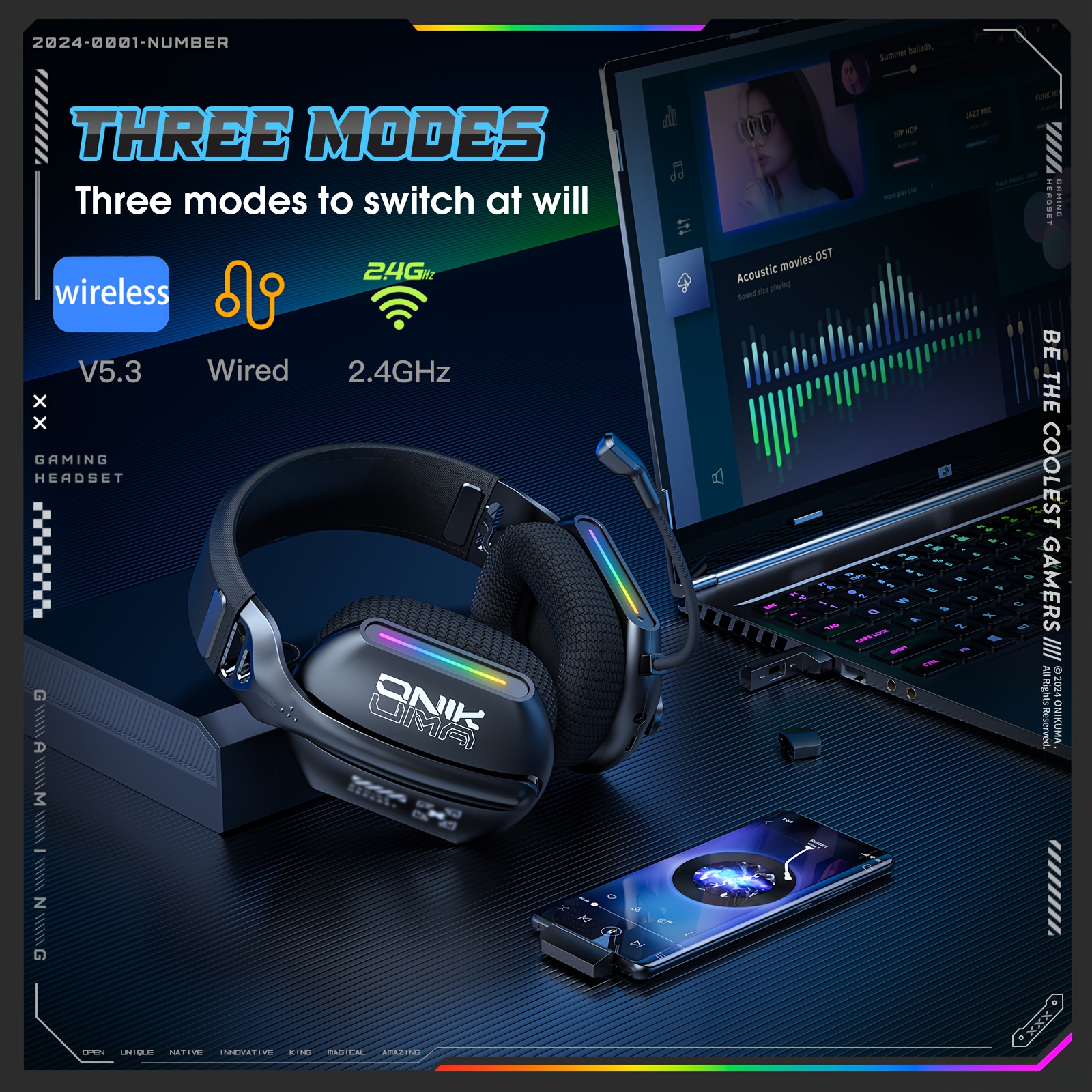 Onikuma 2.4ghz Wireless Gaming Headset With Microphone, 2.4g Usb And Type C Transmitter - 30 Hours - Rgb Lighted Gaming Headset For Ps5, Ps4, Pc, Mobile Phones
