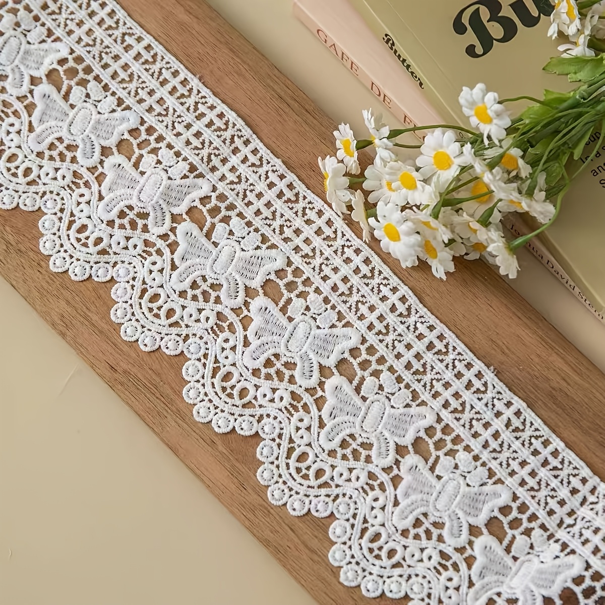 TEMU Fiber Fabric Embroidered Lace, Black And White Openwork Decorative Lace, Suitable For Clothing, Bags, And Home Decor, Diy Craft Decoration