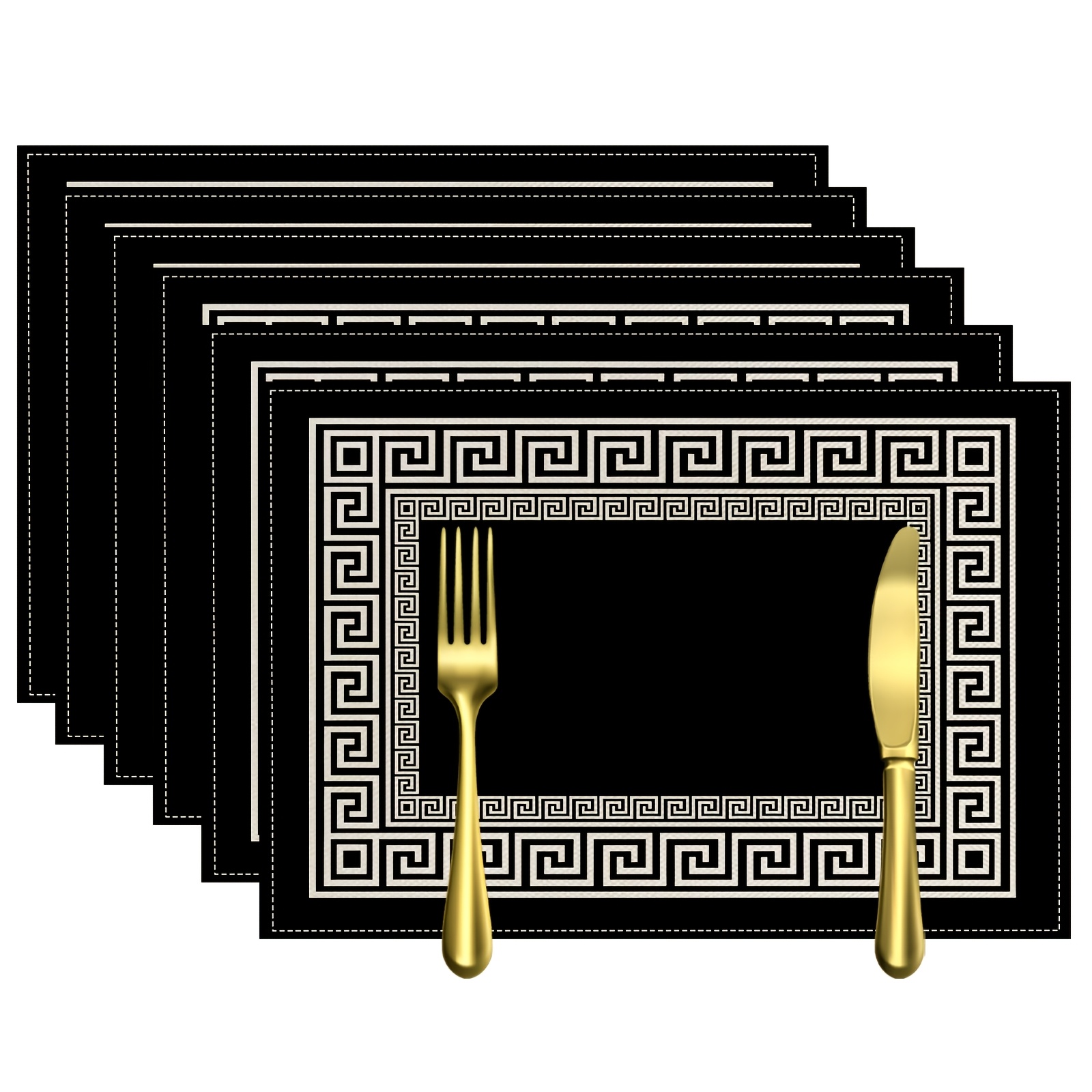 TEMU Set Of 4/6 Geometric Greek Key Patterned Placemats, Featuring A Minimalist Made From Durable Materials, Suitable For Family Holiday Gatherings,
