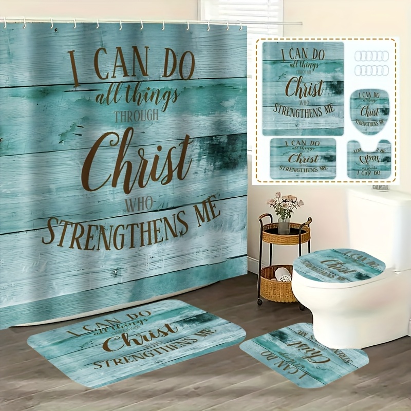 

4-piece Waterproof Bathroom Set With Non-slip Rugs, Toilet Lid Cover, And Woven Polyester Bath Drapes, Includes Hooks, Water-resistant, Faith-, Machine Washable (1pc/4pcs)