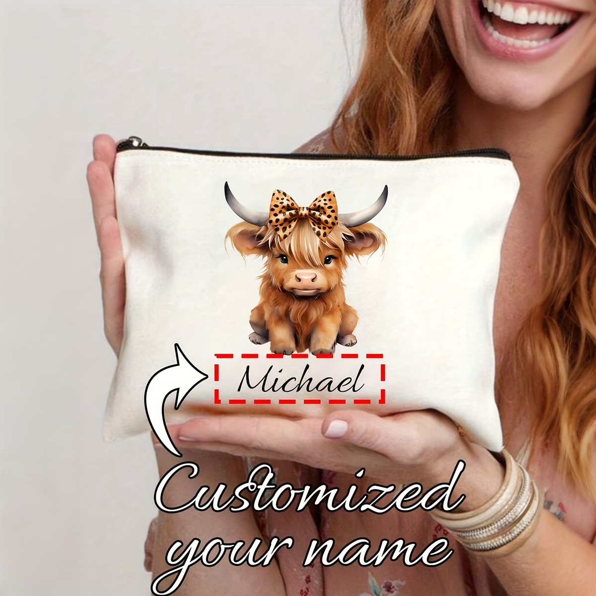 TEMU Custom Name Cosmetic Bag-highland Cow Leopard , Lightweight Foldable Makeup Storage Bag, Travel Wash Bag, Ladies Birthday/christmas Gift-durable