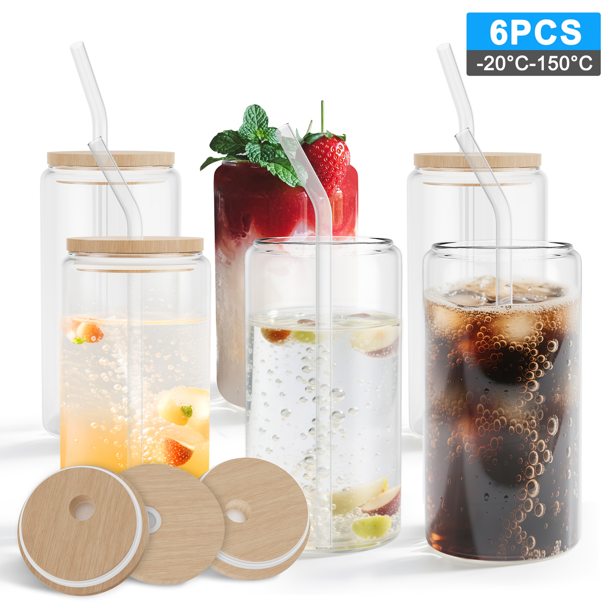 E-shop 2/4/6 Stück Glas-Set, 500ml Glas mit Bambusdeckel Strohhalm, Eiskaffee-Glas, Trinkgläser in Dosenform, Sportbecher