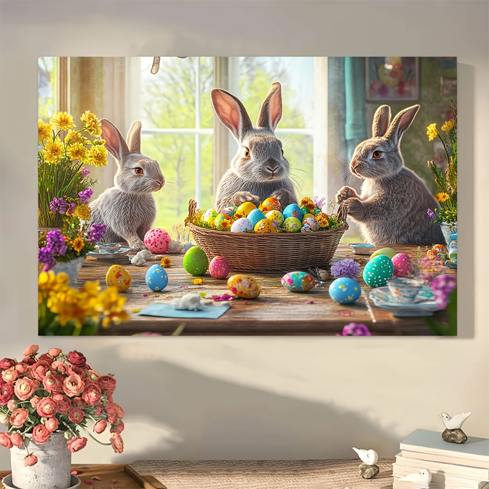 

1pc Vintage Easter Bunny Canvas Art With Wooden Frame - Rabbits Gathered At A Rustic Table Scene, Decor In Kitchen/living Room/home Office - Indoor/outdoor Wall Hanging, Ideal Holiday Gift