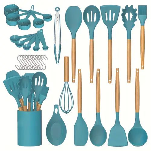 kitchen cooking utensils set 33 pcs non stick silicone cooking kitchen utensils spatula set with holder wooden handle silicone kitchen gadgets utensil set