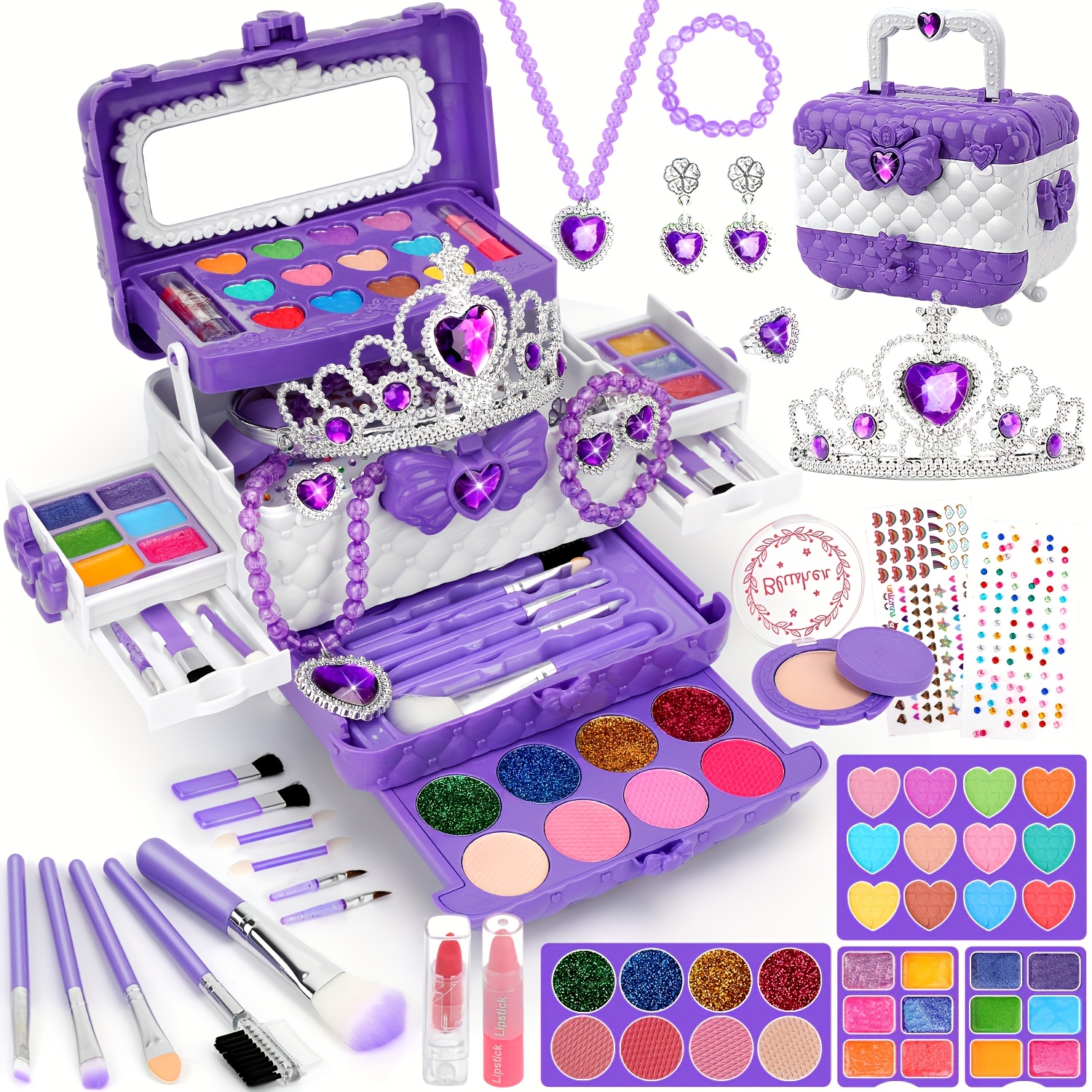 TEMU 56 Pcs Girls Makeup And Jewellery Set - Real Washable Cosmetics With Brushes For 3+ Years | Princess Dress Up Set In Mixed Tones And Purple Tones | Perfect Birthday Gift,, Children's Day Gifts.