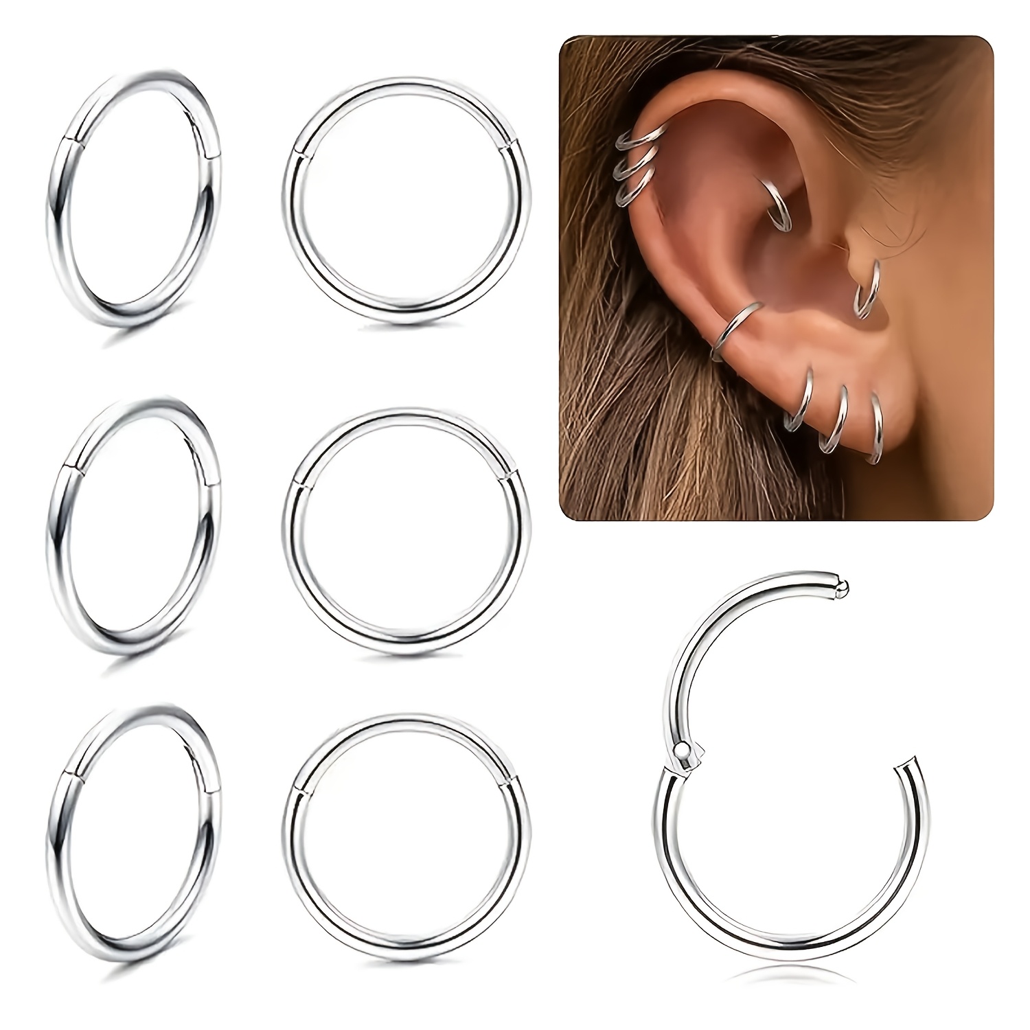 TEMU 6pcs 316l Surgical 316l 316l 316l 316l Stainless Steel Hypoallergenic Ear Cartilage, Ear Lobe, Helix, Septum, Lip, And Tragus Piercing Retainers
