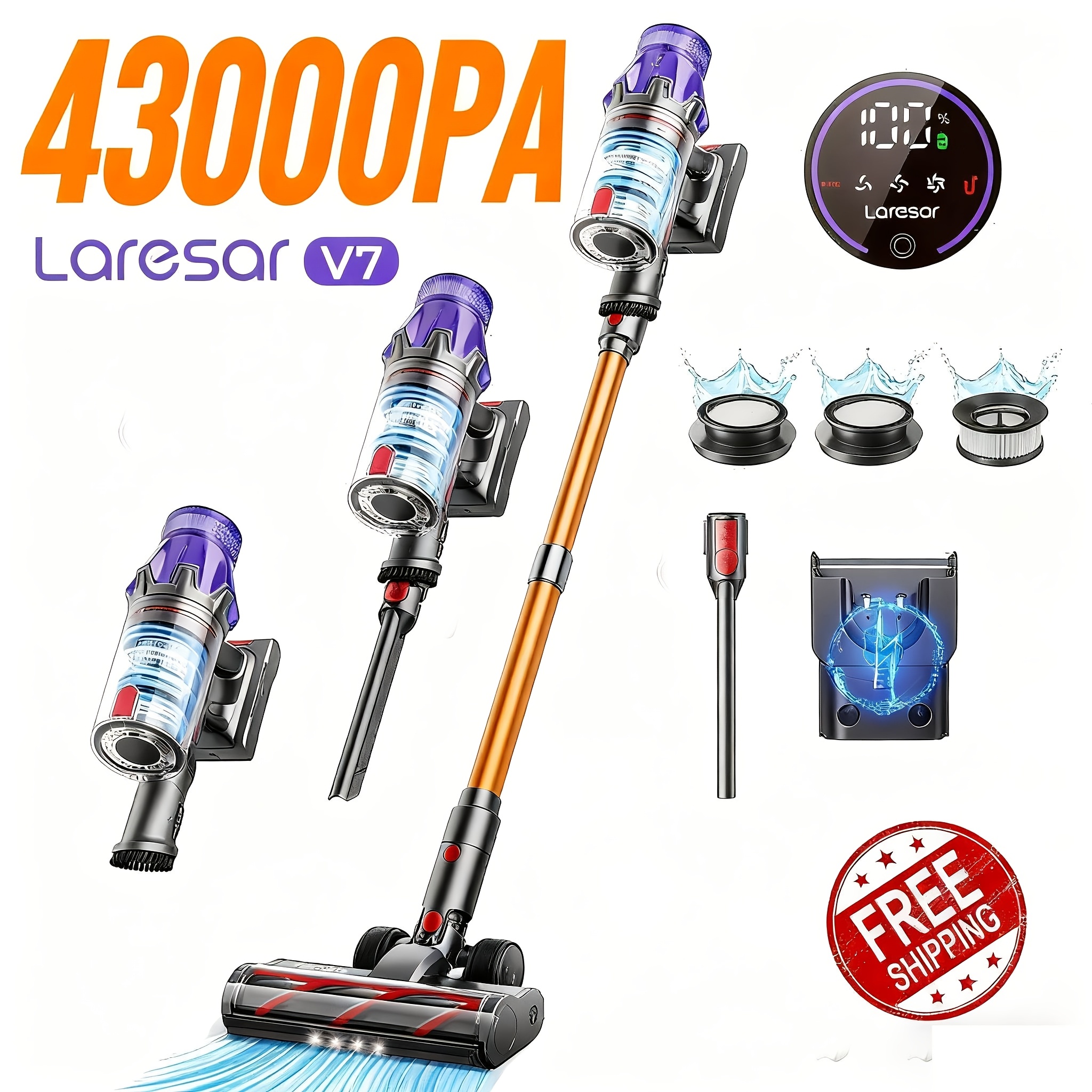 Image of Laresar V7 Free-standing Cordless Vacuum Cleaner 43kpa, 60-min With Led Display 500w Powerful Lightweight Cordless 4 In 1 Stick Vacuum Cleaner For Carpet Floor Hardwood Pet Hair