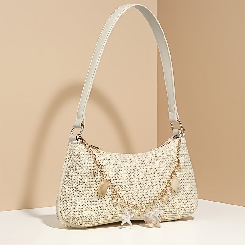E-shop Halbmond-Tasche für Damen, Schultertasche mit Muschelketten-Dekor, kleine Achseltasche aus gewebtem Stoff, schlichtes Design geeignet für das