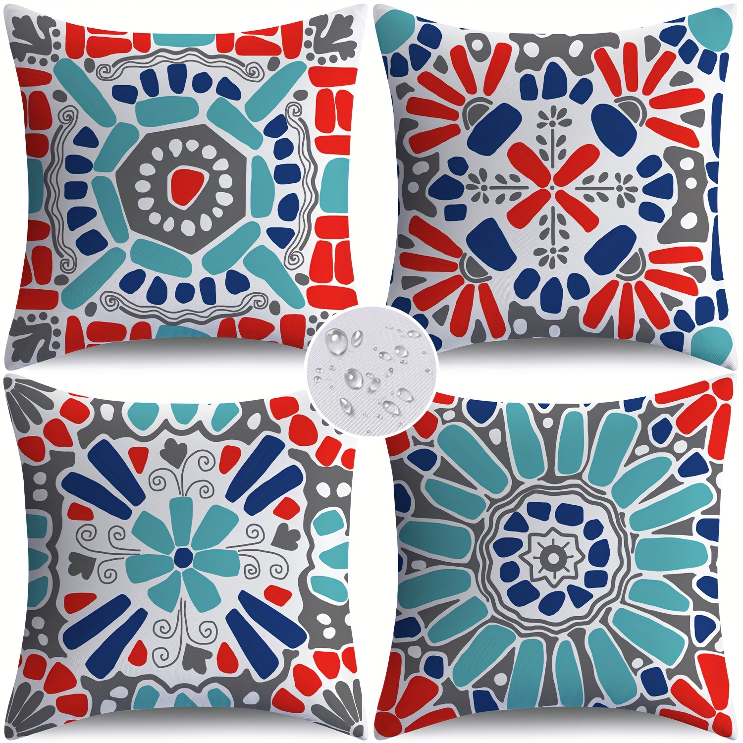 

Bohemian Style Throw Pillow Covers - Set Of 4, Machine Washable, Geometric Mandala Pattern, Water-resistant, Zipper Closure, Versatile For Indoor/outdoor Use, Woven Polyester Fabric