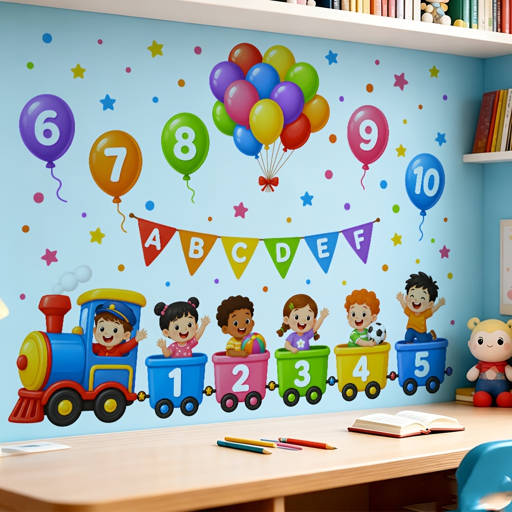 TEMU 1pc Cartoon Number And Letter Little Train Educational Wall Sticker, Removable And Traceless, Won't Damage Walls, For Kindergarten, Classroom,