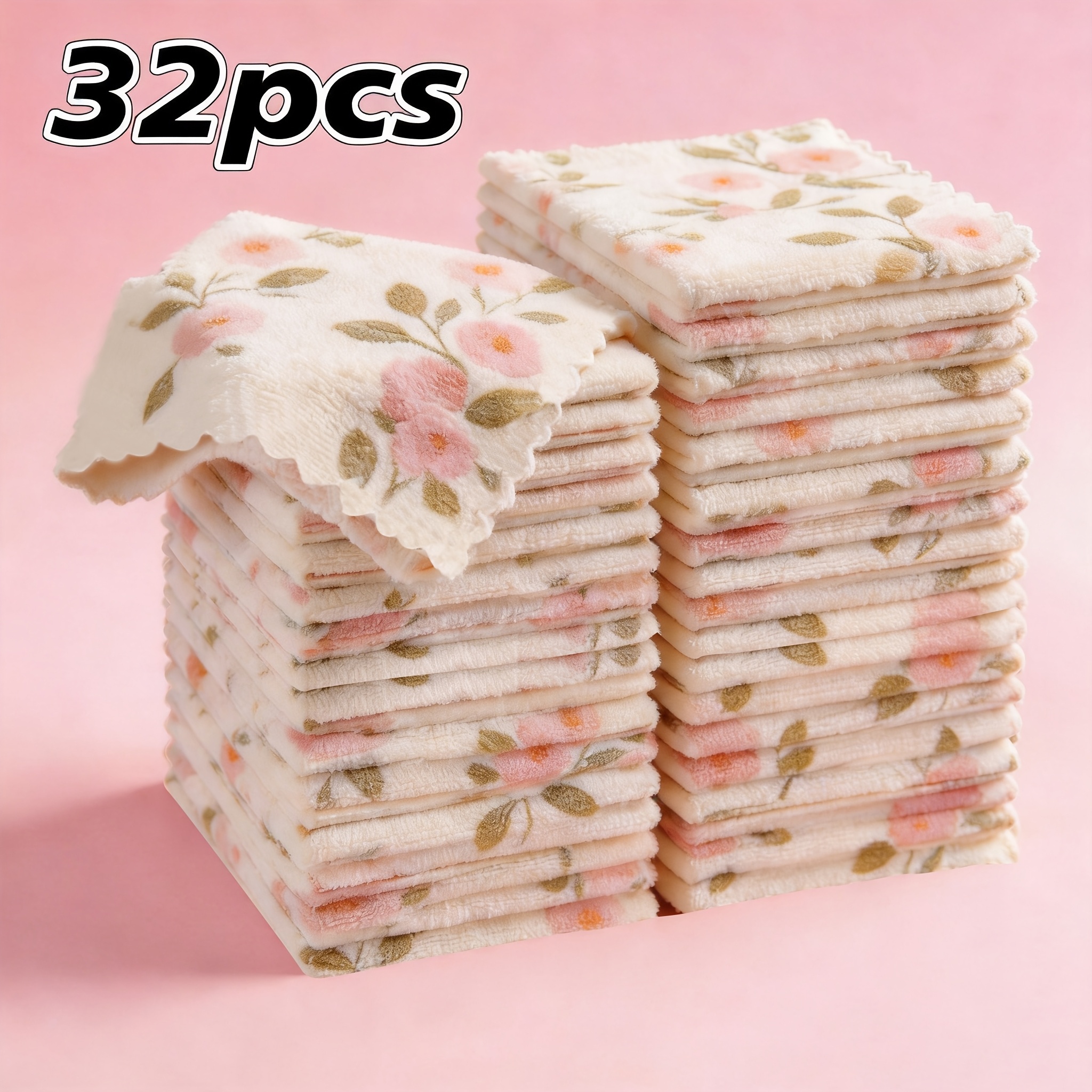 TEMU 8/16/32pcs Coral Fleece Reusable Cleaning Cloths, Super Absorbent Quick Drying Soft Towels, Coral Pink Golden Pattern Wipes For Kitchen,