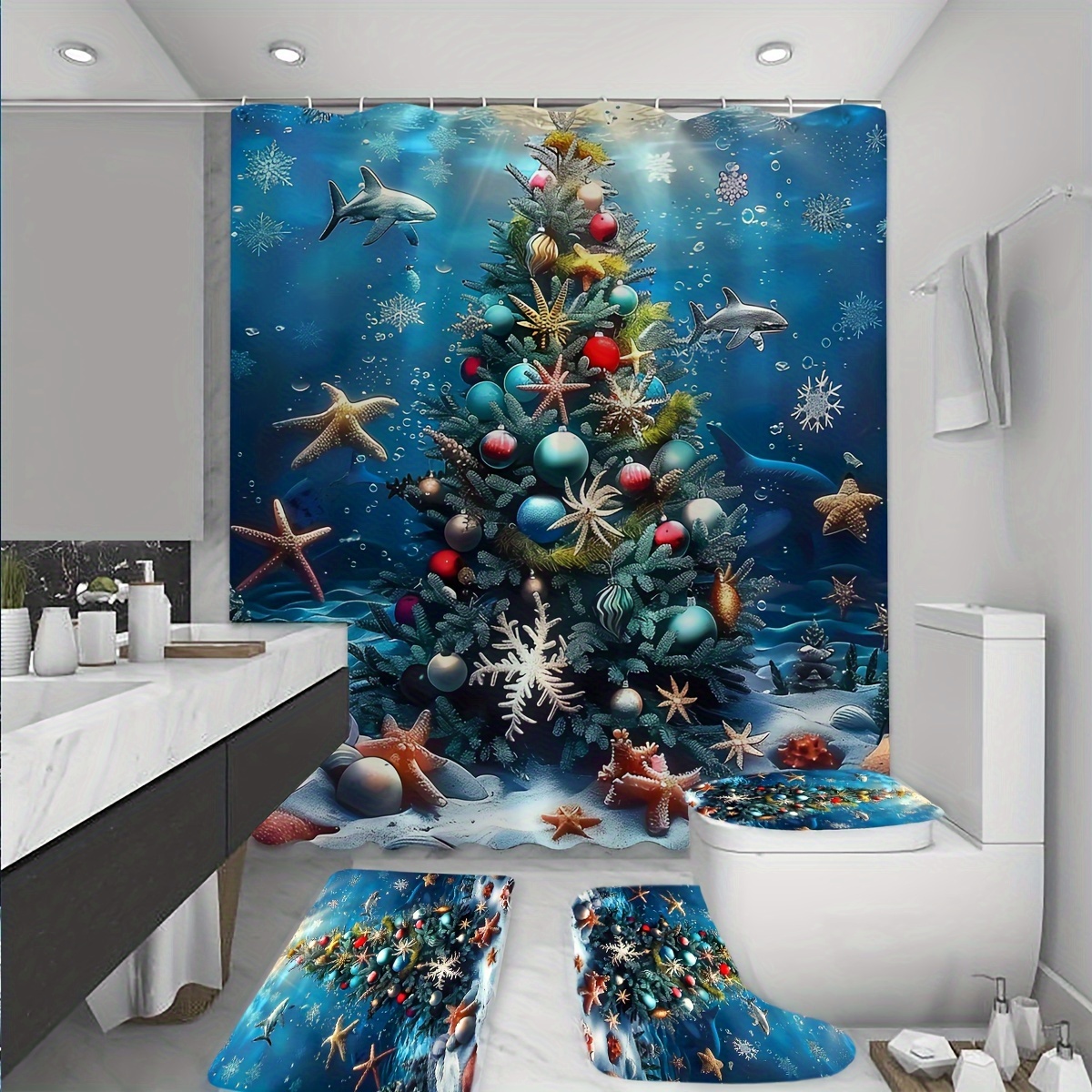 

1/4pcs Underwater Christmas Tree Pattern Shower Curtain And Set 12 , Bathroom Mat, U-shaped Pad, And For