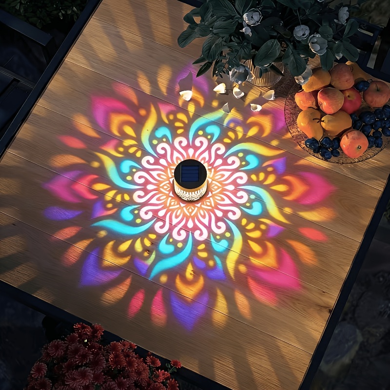 TEMU Luz de pared de proyección solar de mandala colorida RGB de 16 colores, con clasificación IPX4, luz de pared de proyección de grabado LED. Se
