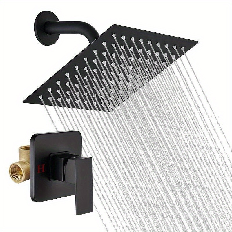Square Shower Faucet Set With An 8-inch Shower Head And Handle, Featuring A Wall-mounted Design And A Shower Head Combo, Complete With Valve Kit In Black. For Shower Use For Shower Use