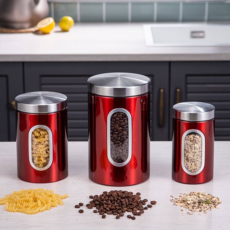 Kitchen Grain Storage Container, Set Of 3pcs Tea, Sugar, Coffee Storage Cans, Stainless Steel Food Storage Box, Suitable For Kitchen Counter Organization - Transparent Red