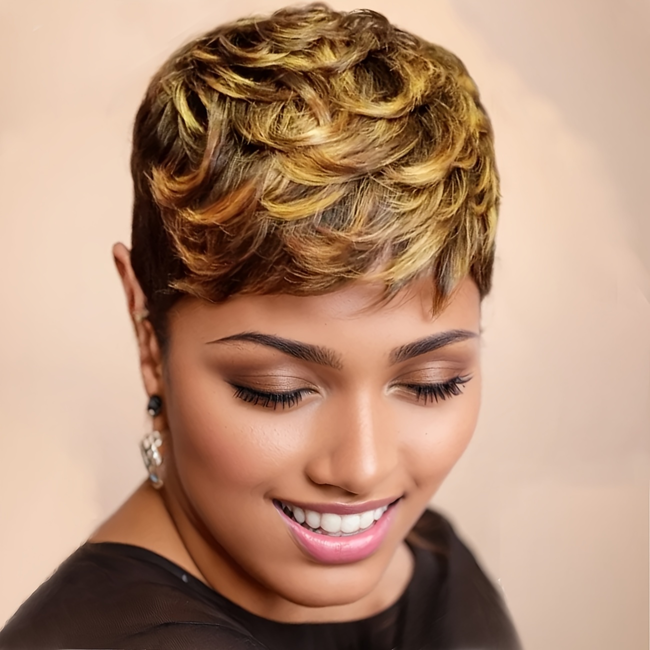 TEMU Hair Mixed Blonde Brown Short Wavy Wig With Bangs - Heat Resistant Synthetic Hair For Women, Elegant Cut Style, Perfect For Parties, Music Festivals & Casual Attire, Hair Wig