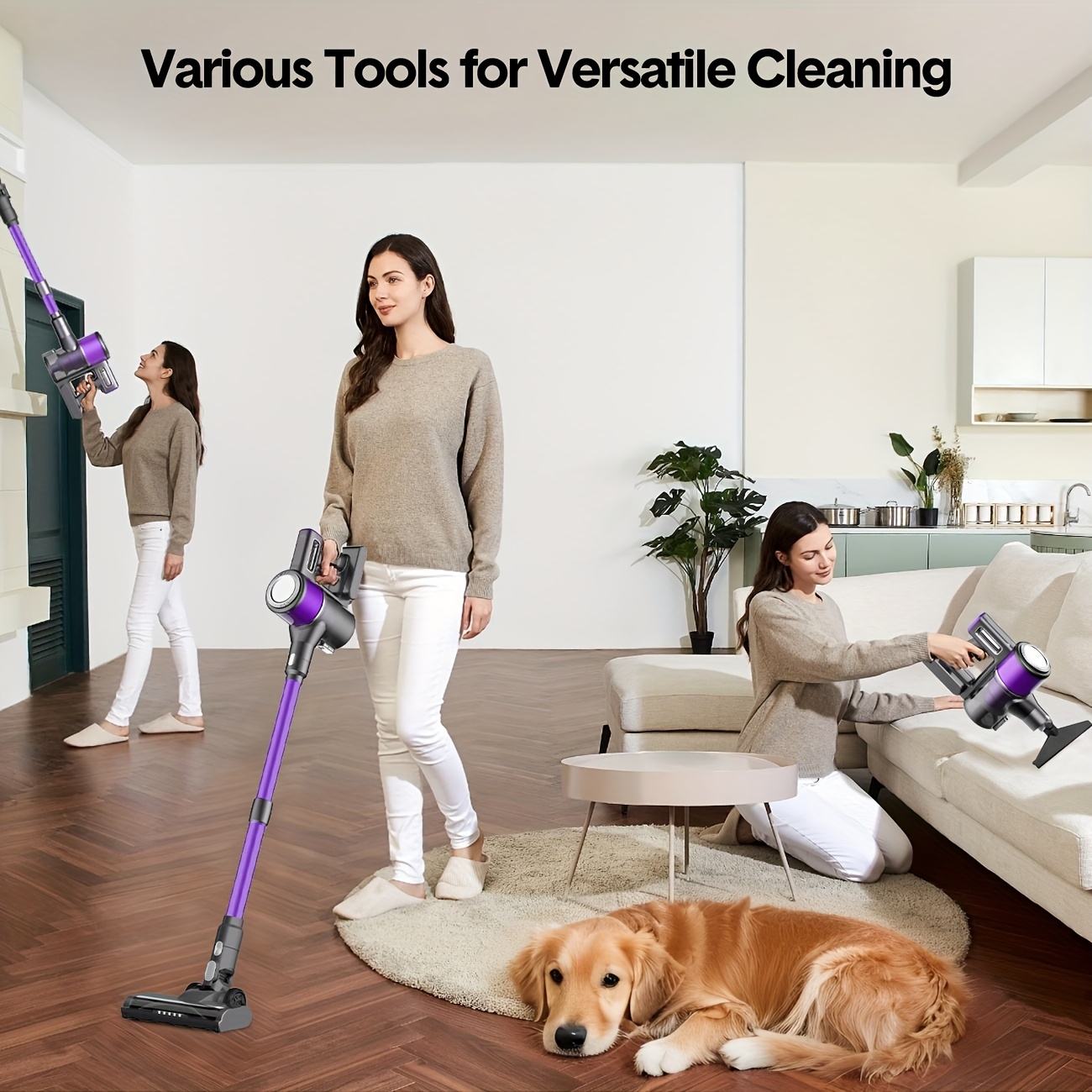 70千帕8合1无绳手持吸尘器，配备无电机，2种模式（普通/涡轮），长达长达40分钟，升级2600毫安时电池容量，防缠绕轻量刷头，超静音设计，适用于局部、硬质地板及瓷砖表面，轻松清晰宠物玩具（紫色/蓝色/绿色） 商品详情 0