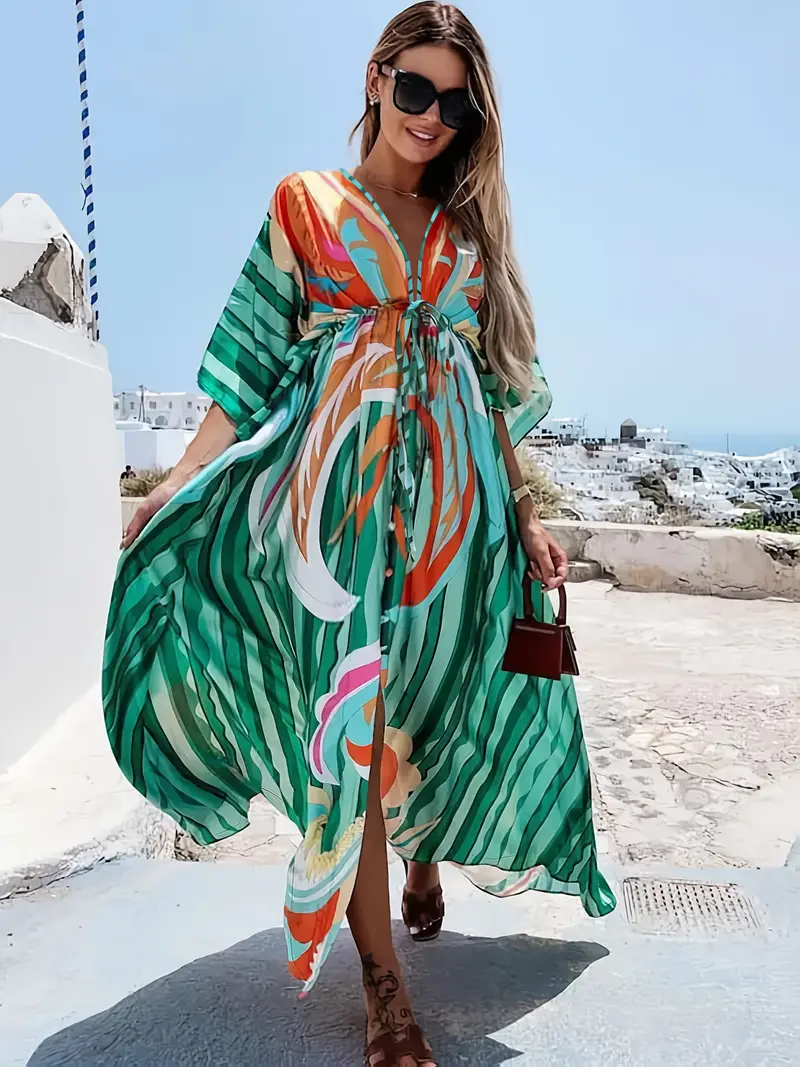 Women'S Vibrant Tropical Print Maxi Dress - Loose Fit, V-Neck, Long Sleeve, Polyester * Vacation and Casual Attire, Casual Attire|Tropical Women'S Vibrant Tropical Print Maxi Dress - Loose Fit, V-Neck, Long Sleeve, Polyester * Vacation and Casual Attire, Casual Attire|Tropical