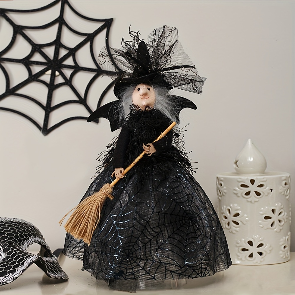 

Halloween Decoration Tree Topper - Doll Ornament With Spider Web Skirt, Black Pointed Hat And Flying Broom For Desktop Treetop Fireplace Halloween Festival Decor