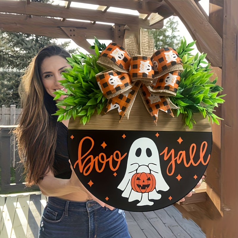 

Halloween Round Door Hanger, Classic Style Ghost "boo Y'all" Design, Manufactured Wood Front Door Wreath Decor With Bow, No-feather Festive Halloween Wall Art, Housewarming Gift