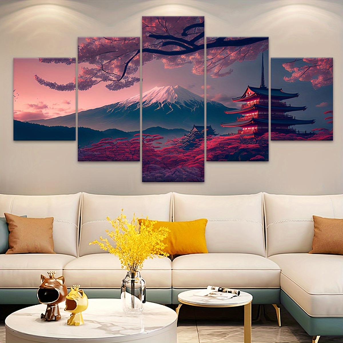 2D Plat 5 stuks Lijst Fuji Sneeuwberg Sakura Boom Canvas Poster