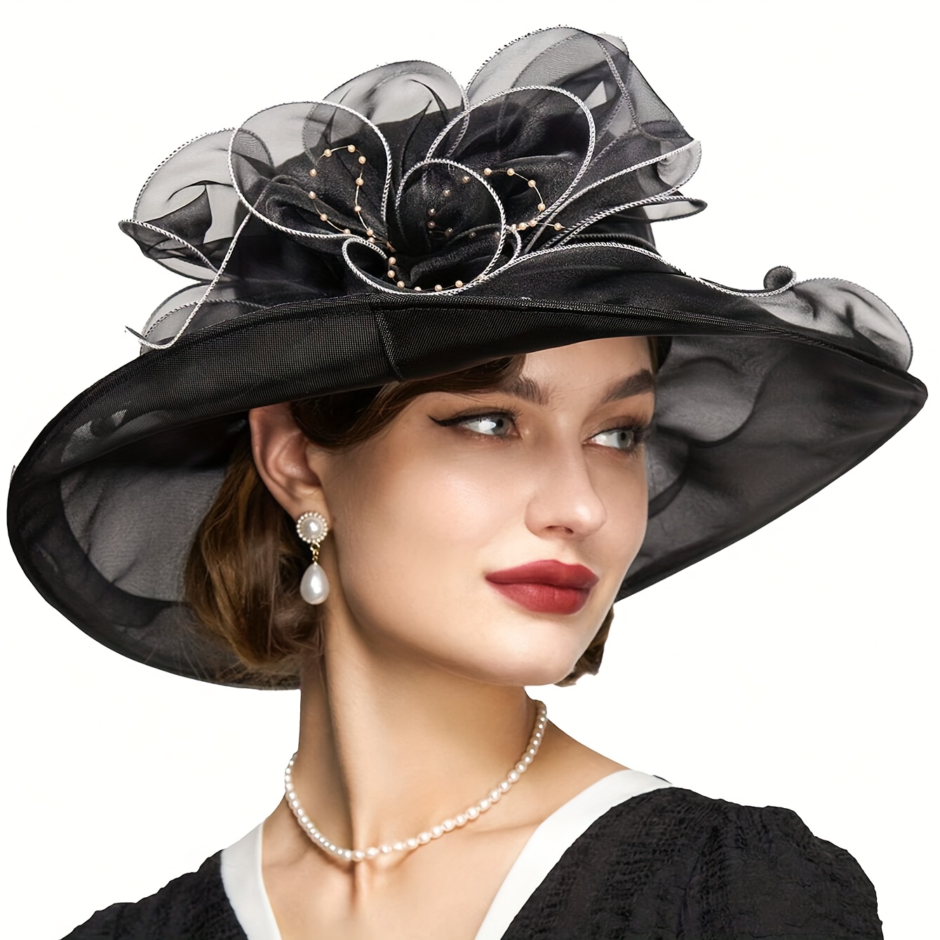 

Elegant Organza Bucket Hat Solid Color Wide Brim Derby Hats Solid Color Church Bridal Tea Party Wedding Hat For Women Daily Uses
