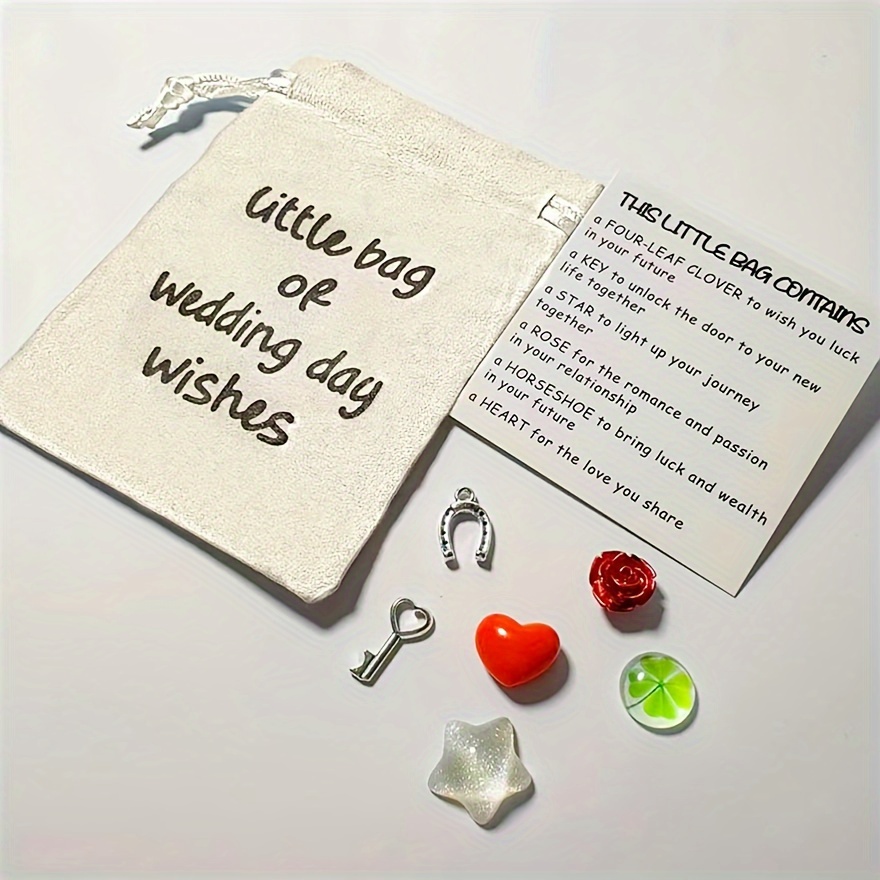 Image of Bag Gift Set With Metal Alloy Charms & Resin Rose; 8pcs Small Keepsake Gifts For Bride, Groom, And Engagement Party