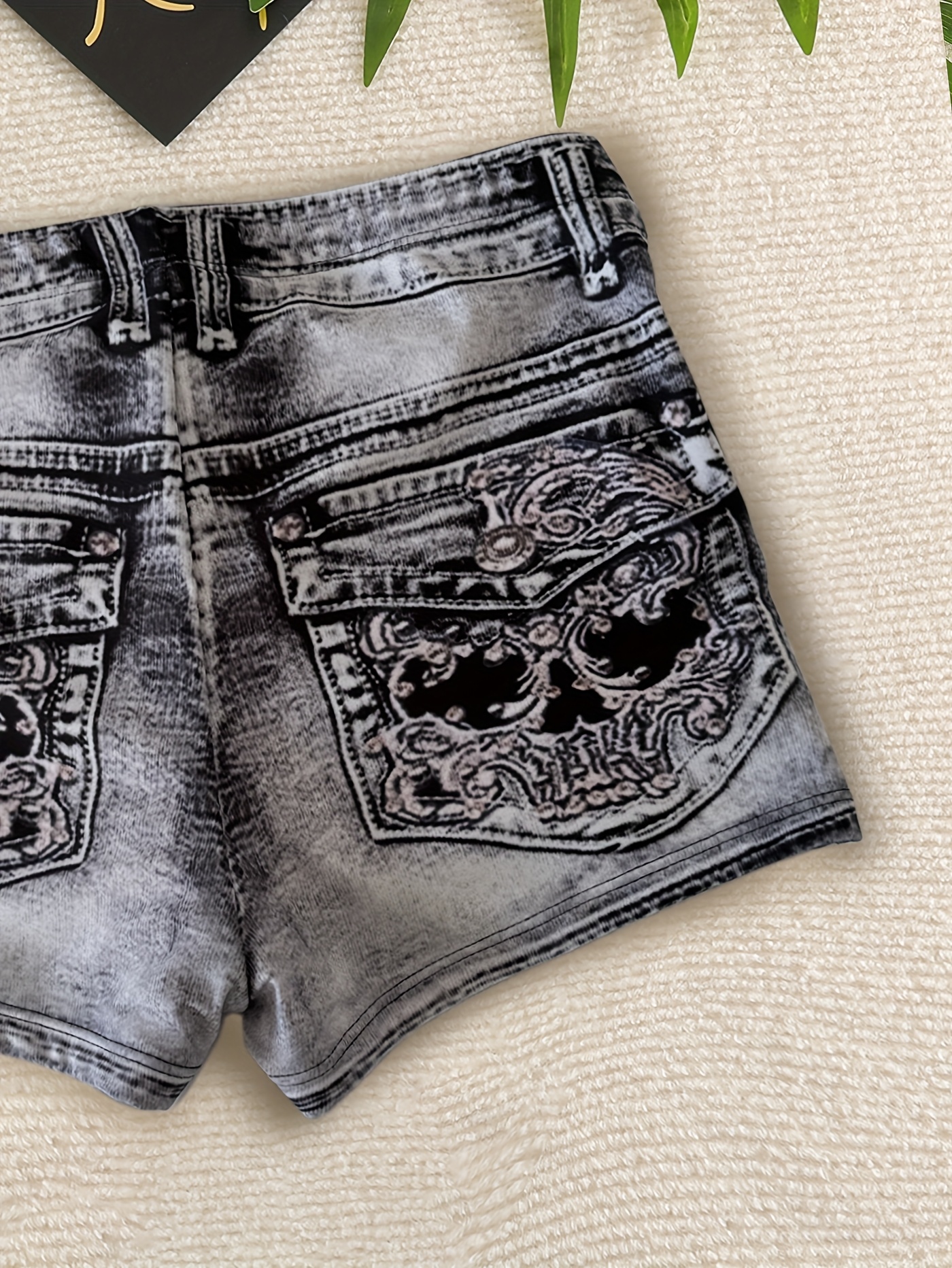 Easter Single Imitation Denim Print High-Waisted Women's Swim Shorts P0234