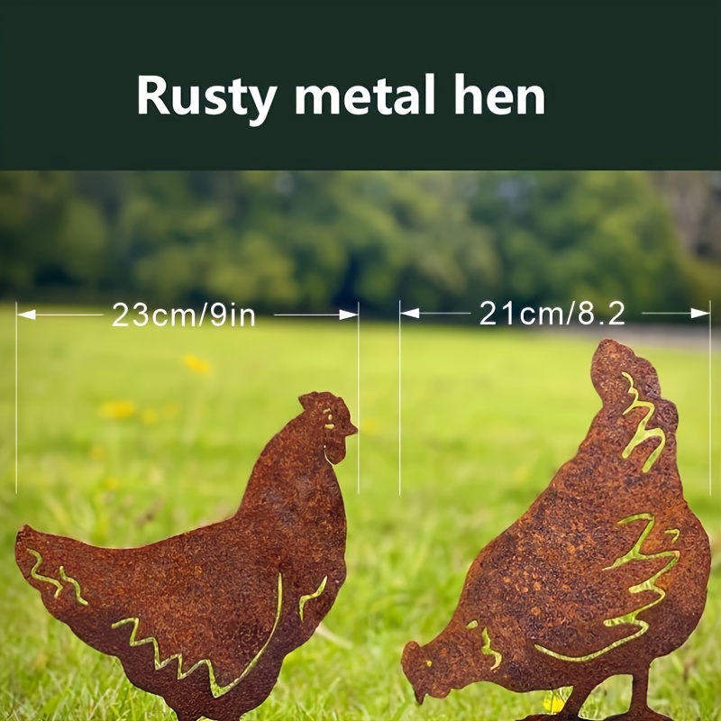 2pcs Rusty Metal Hen Garden Stakes, Artistic Farm Animal Egg Sculptures, Outdoor Yard Decor, Thanksgiving Gift, Outdoor Sculpture | Farm Animal Theme | Durable Metal