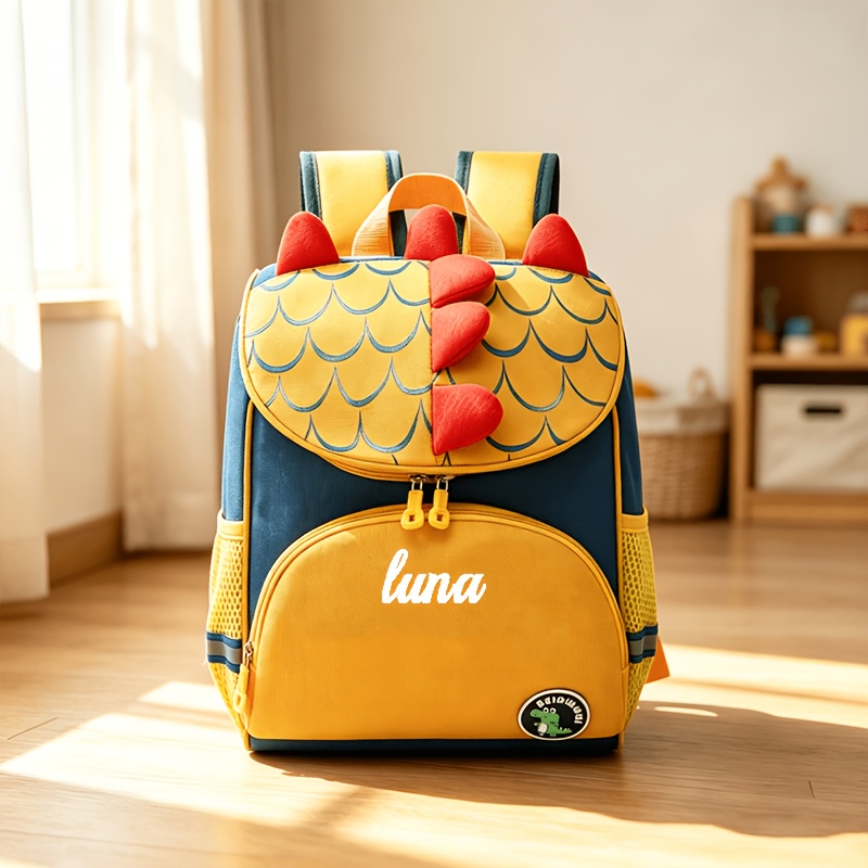 TEMU Dinosaur Backpack With Customizable Name/text, Embroidered , Cute Cartoon Style Casual Backpack, Lightweight Student Bag, Suitable For Outdoor