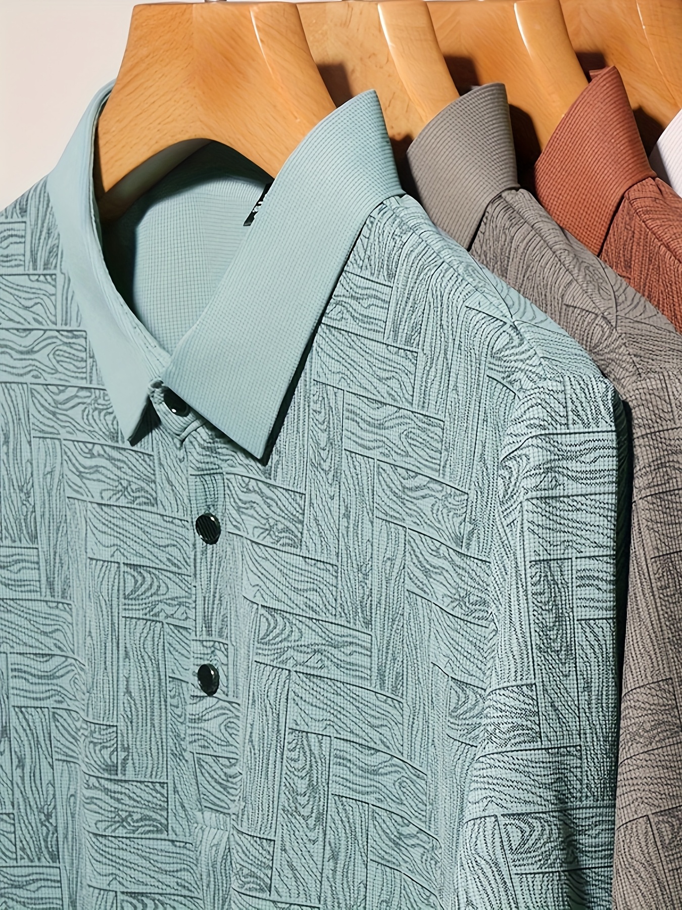 ανδρικό καλοκαιρινό πουκάμισο - περιστασιακό με κοντά μανίκια, γιακάς με κουμπιά, καφέ γεωμετρικό σχέδιο, ελαφρύ μείγμα πολυεστέρα, ιδανικό για περιστασιακή ενδυμασία και γκολφ Στοιχεία είδους 4