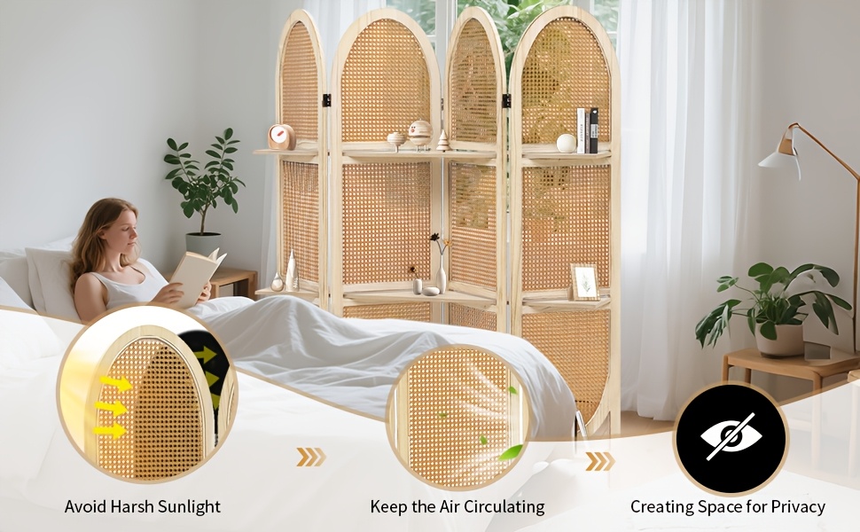 Four-Panel Wooden Room Divider, Collapsible with a Hand-Woven Rattan Privacy Screen - Room Partitions Featuring Three Display Shelves, Ideal for Home, Office, Study, Or Art Exhibitions
