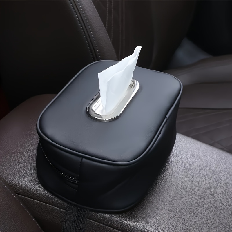 TEMU Pu Leather Car Tissue Holder With Elastic Band - For Sun Visor, Armrest Or Seat Back, Multi-functional Slide-out Storage Box For Vehicles
