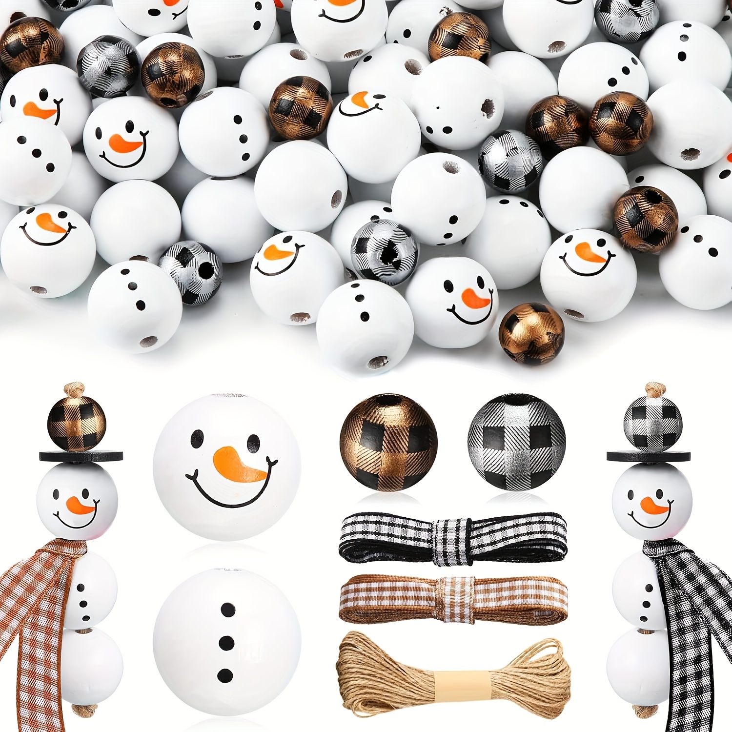 

60-piece Christmas Snowman Wooden Beads - Craft Beading Set With Pre-drilled Holes, Twine & Scarves For Diy Holiday Decorations And Ornaments