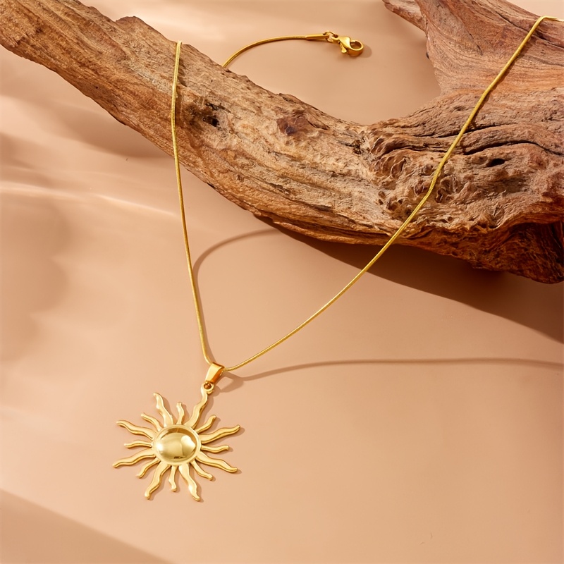 TEMU Fashionable And Elegant Golden Stainless Steel Necklace With Sun Decoration Pendant For Men And Women Creative And Innovative Niche And Suitable