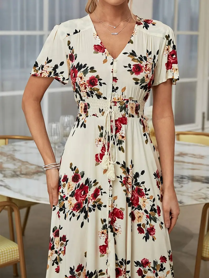 bohemian floral print maxi dress for women elegant v neck short sleeve a line silhouette lightweight viscose spring summer casual wear floral maxi dress Product details 3