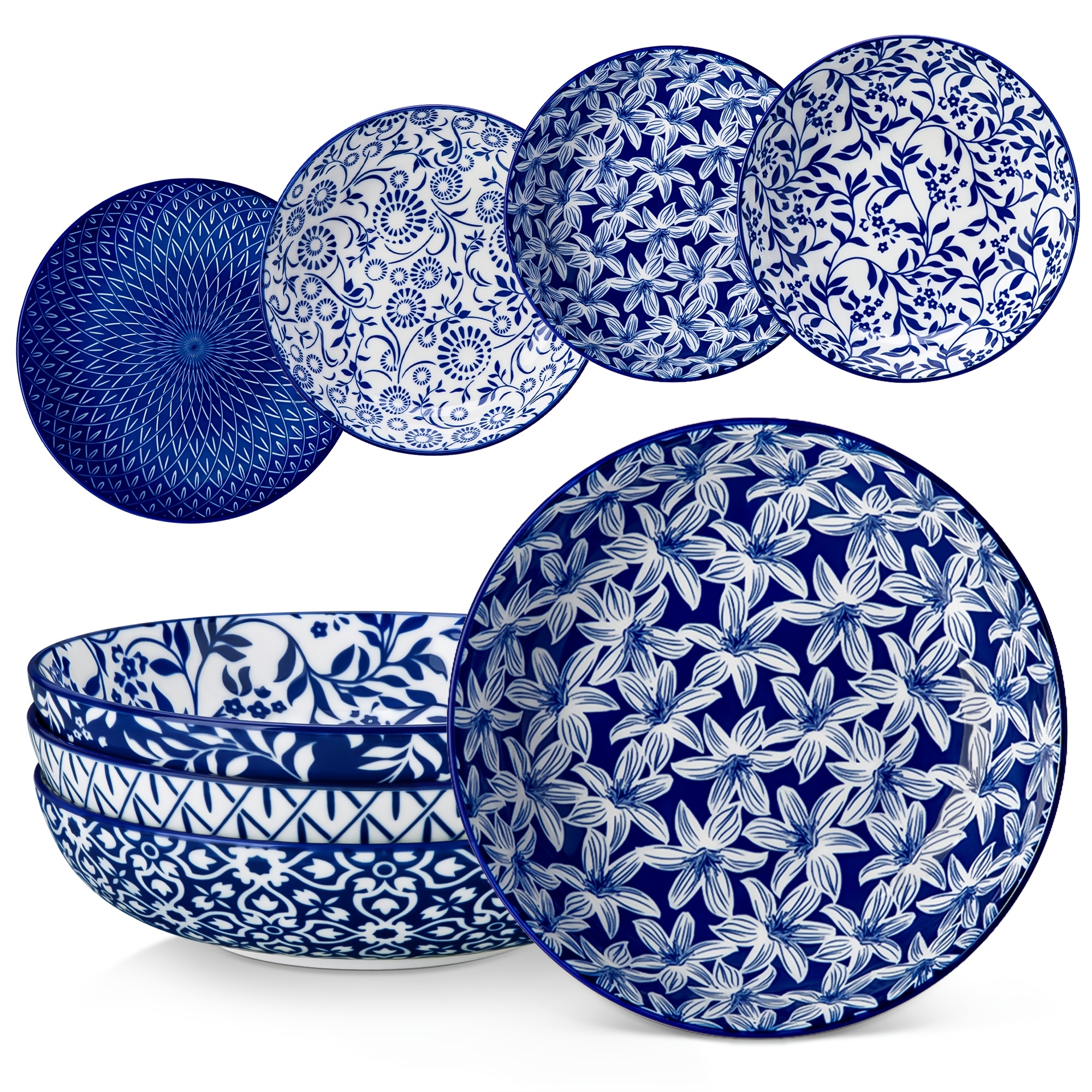 Image of 4pcs , Blue And White Porcelain Colorful Soup Bowl 1080ml/36oz Large Serving Bowl, Dishwasher And Microwave Safe; Ideal Holiday Gift